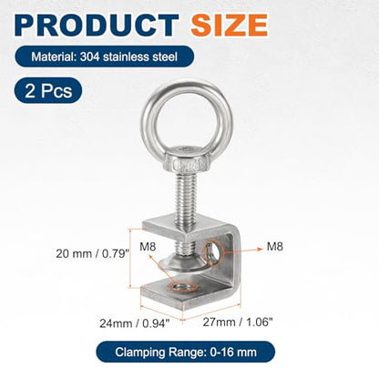 HARFINGTON 2 Pcs 304 Stainless Steel C Clamps 20mm Square Mini Tiger Clamp Adjustable Heavy Duty Metal U Clip with Eye Hook Screw for Woodworking Welding Mounting, Silver - size: 20mm