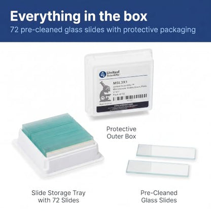 United Scientific™ Microscope Slides, Pre-Cleaned Glass 3"x1", 72 Pack - size: 72 Count (Pack of 1)