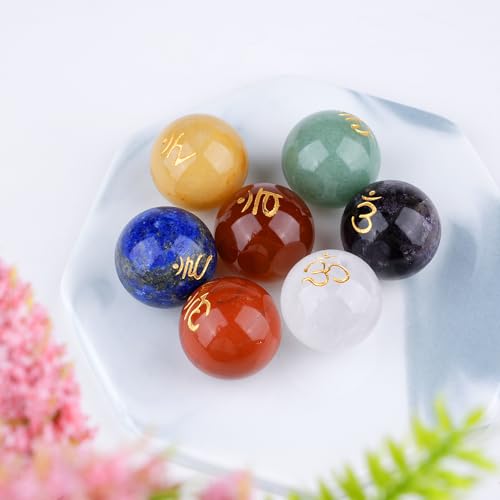 TGS Gems 7pcs Chakra Sphere Crystal Stones Natural Reiki Healing Crystals Gemstones with Engraved Chakra Symbol Chakra Stone Kit for Meditation Crystal - color: Ckl-yq