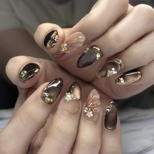 Almond Press on Nails Short Brown Fake Nail Gold Embossed Acrylic Nail Press ons Daisy Charm Stick on Nail for Women 24pcs - color: Color32