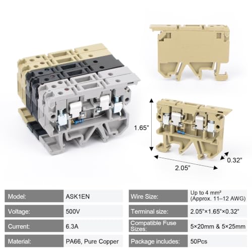 50Pcs DIN Rail Terminal Block Fuse Holder, with Indicator Light - color: Light Green&Gray&Black, size: Terminal Block Kit