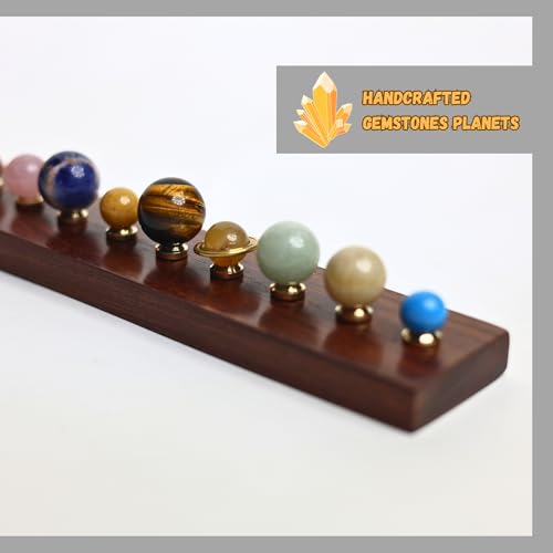 Luxury Handcrafted Solar System Model with Semi-Precious Stones – Sun, Earth & Moon Planet Display on Rosewood Base | Astronomy Art Desk Decor (Sun & 9 Planets)
