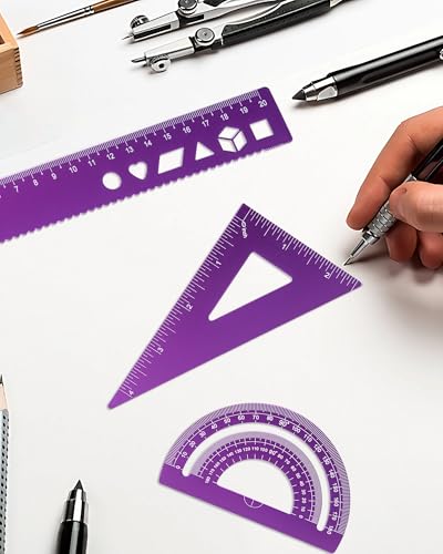 5 Pcs Metal Geometry Set, Math Drafting Ruler Kit- Aluminum Triangle Rulers, Protractor, 8 Inch and 6 Inch Drawing Ruler, Measuring Tool for School and Office Supplies (Purple) - color: Purple