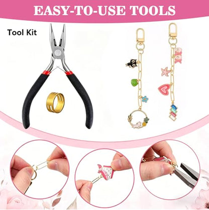 Flewyum 198Pcs Charms Lip Gloss Keychain Making Kit, DIY Craft Supplies with Charms, Key Chain Hooks, Jump Rings, Lobster Clasps, Chains & Tools, Jewelry Making Kit for DIY Craft Gifts.