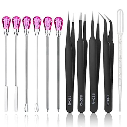 11 Pcs Silicone Resin Mold Tools Set Stirring Needle Spoon Tool Tweezers Precision Kit, Anti-Static Electronics Tweezers Set for Resin Art Crafts,Jewelry Making,DIY Epoxy Casting Molds(Rose Red) - color: Rose Red & Black