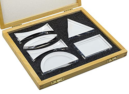 EISCO Prisms & Lenses Set, 6 Pieces - Transparent Acrylic - All Faces Fully Polished - Includes Wooden Storage Box
