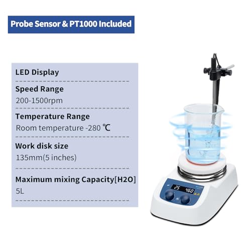 ONiLAB 280℃ 5 inch LED Digital Hotplate Magnetic Stirrer with Ceramic Coated Stainless Steel Work Plate, 200-1500rpm,110V,Temp Probe Sensor & Support Stand & Stirring Bar Included… - style: 280℃ Round Hotplate Magnetic Stirrer