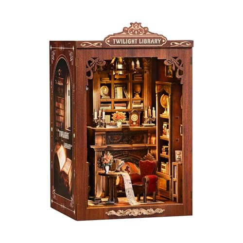 Twilight Library Book Nook Kit - DIY Miniature Dollhouse with LED Warm Light, 3D Wooden Puzzle Bookends, Immersive Miniature, Stress Relief Craft Gift for Adults Teens, Aesthetic Home Decor - style: Twilight Library