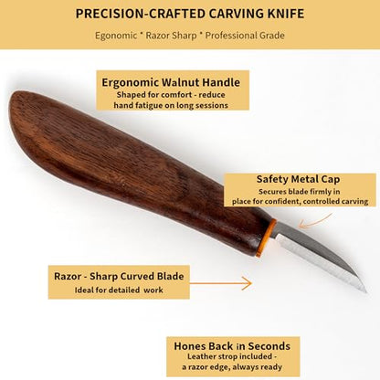 KARVLY Wood Carving Kit for Beginners Adults - 10-Piece Whittling Kit with Stainless Steel Knife, Basswood Blocks, Leather Strop & QR Video Tutorial