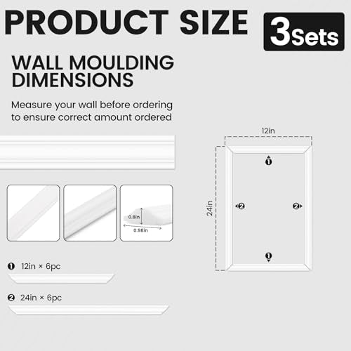 3 Sets Peel and Stick Wall Molding Kit, 12x24 Inch Premade Wainscoting Frames - color: 12''x24''-3pack