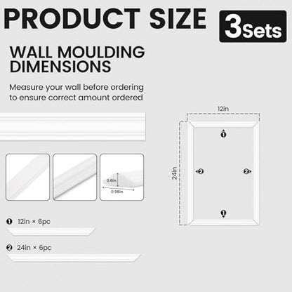 3 Sets Peel and Stick Wall Molding Kit, 12x24 Inch Premade Wainscoting Frames - color: 12''x24''-3pack