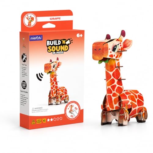 MierEdu Build 'N' Sound 3D Puzzle for Kids, Animal Puzzle with Sound Module, Educational STEM Craft Kit, FSC Paper Model Building Toy Gift for Ages 6+ - color: Giraffe