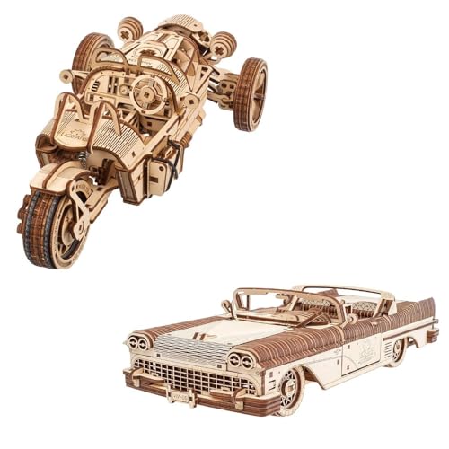 UGEARS Dream Cabriolet VM-05 + Three-Wheeler UGR-S Motorcycle - Wooden 3D Puzzles for Adults - 3D Wooden Puzzles for Adults