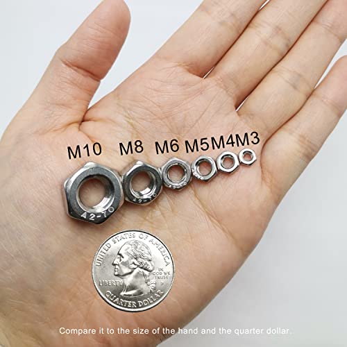 210PCS 304 Stainless Steel Hex Nuts Assortment Kit for Screw Bolt with 6 Sizes DIN 934 (M3 M4 M5 M6 M8 M10) Great Replacement Fasteners for Professionals, Repairmen or DIY, Meet Your Every Needs