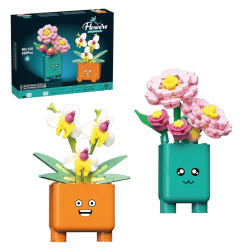 Botanicals Happy Plants Building Sets | 2 Cute Happy Plants Flowers Set, Succulents Botanical Collection for Home Office Décor, Gift for Women Wife Mom(222Pcs) - style: Orange and Green