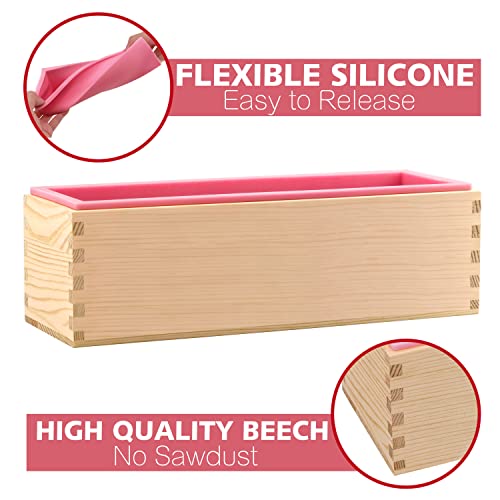 LERYKIN Rectangular Soap Mold Kit with Cutter- 42oz Flexible Silicone Loaf Soap Mold with Wood Box, Stainless Steel Wavy & Straight Scraper for Homemade Craft Soap Making Supplies - color: Pink+Silver - Rectangle