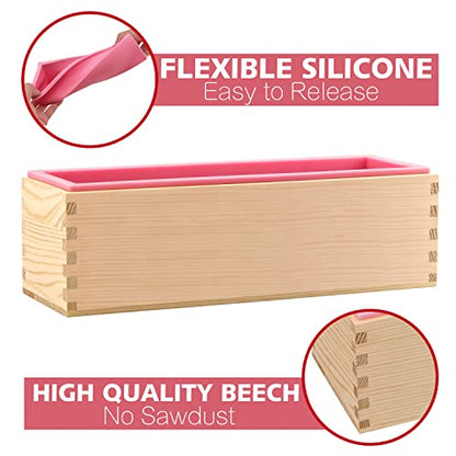 LERYKIN Rectangular Soap Mold Kit with Cutter- 42oz Flexible Silicone Loaf Soap Mold with Wood Box, Stainless Steel Wavy & Straight Scraper for Homemade Craft Soap Making Supplies - color: Pink+Silver - Rectangle