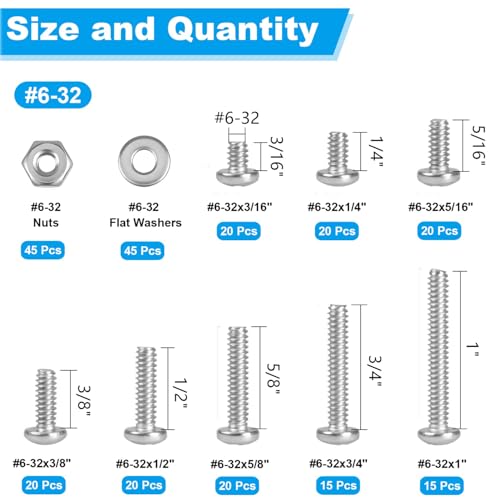 240pcs #6-32 Phillips Pan Head Machine Screws Nuts Washers Kit - size: #6-32