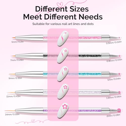 MelodySusie 5 Pcs Nail Art Liner Brushes Dual Dotting Pen Set #5#7#9#11#14 - color: Pink, Black, blue, White, Purple, size: 5