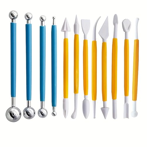 Cake Decorating Tool Set, 12 Pcs Plastic and Stainless Steel Fondant Tool, Clay Sculpting Tools Kits and Pottery Sculpture Tools (12)