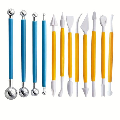 Cake Decorating Tool Set, 12 Pcs Plastic and Stainless Steel Fondant Tool, Clay Sculpting Tools Kits and Pottery Sculpture Tools (12)