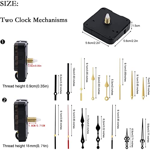 2Pcs Quartz Clock Mechanism Kit, Wall Clock Mechanisms Mattery Powered Replacement, Clock Movement Parts Motor Replacement DIY Repair Parts with 5 Set Hands (No Battery) - size: 16mm+23mm Clock Mechanisms