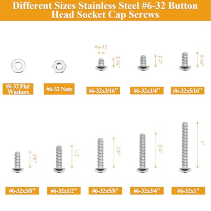 254 Pieces #6-32 x 3/16", 1/4", 5/16", 3/8", 1/2", 5/8", 3/4", 1", Button Head Socket Cap Screws Nuts Washers Assortment Kit - size: #6-32, style: Button Head Socket Cap