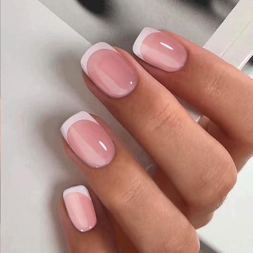 CurvLife Short Square French Tip Press On Nails, Blush Pink, Soft Gel - color: Frencn Beige Pink
