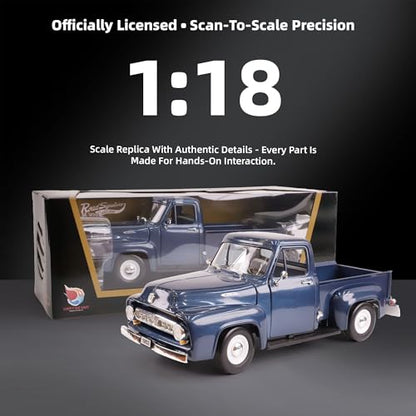 1953 Ford F-100 Pickup Truck 1/18 Scale Die-Cast Metal Model Alloy Collection Cars with Display Case, with Opening Doors, for Kids Men and Teens Dad 14+ Year - color: Gloss Medium Blue