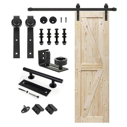 S&Z TOPHAND® 26in x 84in Unfinished British Brace Knotty Barn Door with Sliding Door Hardware Kit/Solid Wood/Sliding/Double Surfaces/A Simple Assembly is Required - size: 26x84in
