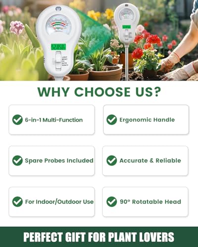6-in-1 Soil Tester with 3 Probes - Soil Moisture, pH, Fertility, Temperature, Light & Air Humidity Meter, Soil Test Kit for Garden, Lawn, Indoor and Outdoor Plants