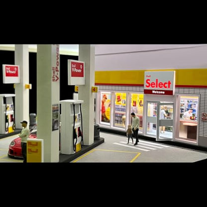 1/64 Scale Shell Gas Station Diorama Kit, Miniature Building Scene Model Set, Collectible Desk Decor for Home & Office (No Vehicles or Figures)