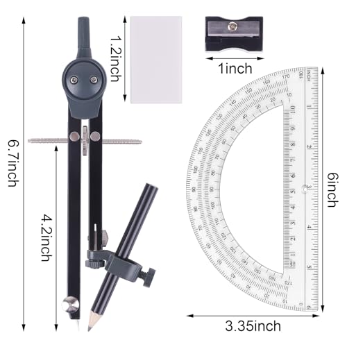Unjoo Professional Metal Compass for Geometry Set, Math Protractors (Black) - color: Black