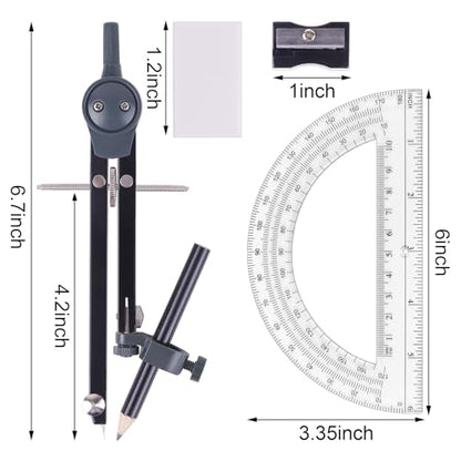 Unjoo Professional Metal Compass for Geometry Set, Math Protractors (Black) - color: Black
