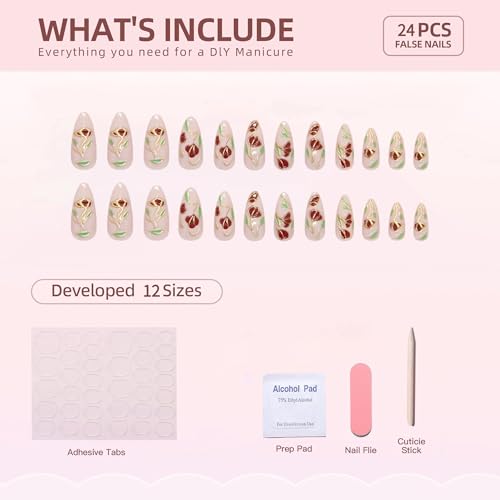 24Pcs Medium Almond Press on Nails Spring Fake Nails with Designs Full Cover Glue on Nails Flower False Nails Glossy Pink Summer Stick on Nail for Women - color: Style20