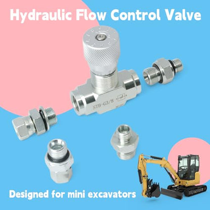 STB-G3/8 Hydraulic Flow Control Valve Compatible with Mini Excavator, 3/8" L08 M14 Connection Silver Replacement Parts 5 Pcs