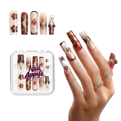 Handmade Long & Medium Square Press-On Nails | 10pcs Reusable Acrylic False Nails with 3D Flowers, Rhinestones & Gradient French Design | Salon Quality Luxury Nails – NailAppif (Amber Cherry,M) - color: Velvet Cherry, size: M