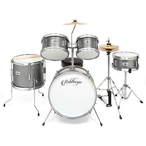 Ashthorpe 5-Piece Complete Kids Drum Set with Genuine Brass Cymbals - Junior Beginner Kit with 16" Bass, Throne, Hi-Hats, Pedals & Drumsticks - Silver - color: Silver