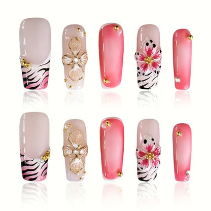Press On Nails Medium Square Handmade Fake Nails Artistic Design 3D Thick Acrylic and Muti-Layer Gel False Nails Reusable Acrylic Fake Nails for Parties & Daily - color: 07, size: Medium
