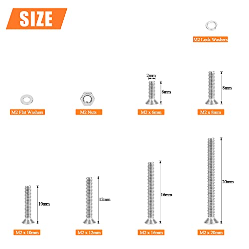HELIFOUNER 420 Pieces M2 x 6mm /8mm /10mm /12mm /16mm /20mm, 304 Stainless Steel M2 Countersunk Socket Cap Screws Nuts Washers Kit - size: ['M2']