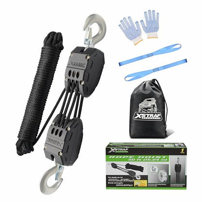 XSTRAP STANDARD 50FT Rope Hoist Pulley Block & Tackle 5:1 System, Black - color: 50 Ft+Black+2 Soft Loops