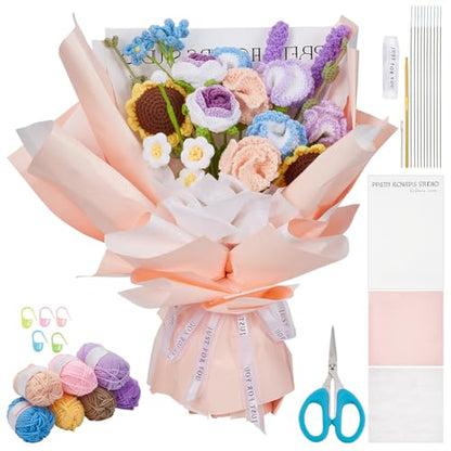 INFUNLY Mixed Bouquet Crochet Kits for Beginners Complete Flower Bouquet Crochet Kits for Adults Starters with Instruction and Video Tutorials Crochet Kit Gift for Mother's Day Wedding Birthday - style: Mixed Flowers
