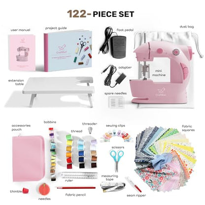 CraftBud Mini Sewing Machine for Beginners, Adults and Kids Sewing Machine - color: Pink, size: Premium Set
