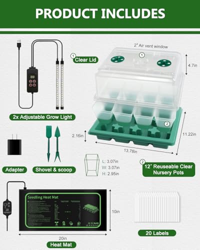 12 Cell Seed Starter Kit with Grow Light Heating Mat & Silicone Pots - size: 12 Cell