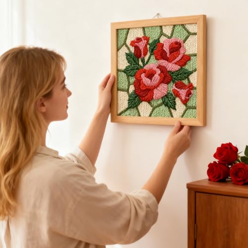 INFUNLY Roses Punch Needle Kit Square 9.4 Inches DIY Embroidery Punch Needle Set for Adults Red Pink Flowers Punches Stitching Starter Kits with Easy to Follow Instructions Festival Gift Home Decor - style: Roses