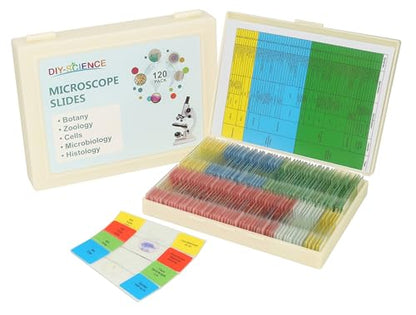 120 Microscope Slides with Specimens Set, Lab-Grade Prepared Microscope Slides for Kids Adults, Animal/Plant/Microbe/Tissue/Cells, STEM Biology Kit for Homeschool, Classroom Labs & Science Education - size: Ages 11+