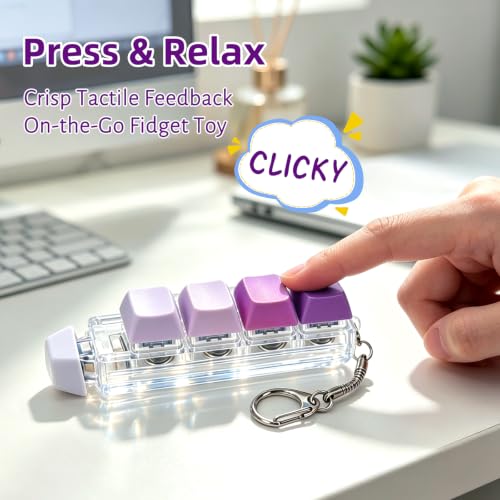 Keyboard Fidget Toy, 5-in-1 Decompression Button Clicker Keychain with Glowing LED, Portable Tactile Sensory Toy, Christmas Stocking Stuffers Gift for Adults Teens, Stress Relief ASMR (Purple) - color: Purple
