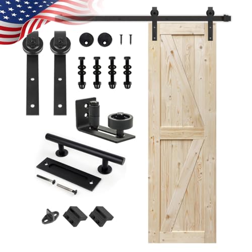 S&Z TOPHAND® 28in x 84in Unfinished British Brace Knotty Barn Door with Sliding Door Hardware Kit/Solid Wood/Sliding/Double Surfaces/A Simple Assembly is Required - size: 28x84in