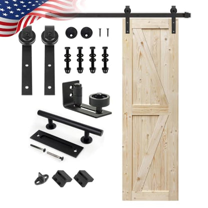 S&Z TOPHAND® 28in x 84in Unfinished British Brace Knotty Barn Door with Sliding Door Hardware Kit/Solid Wood/Sliding/Double Surfaces/A Simple Assembly is Required - size: 28x84in