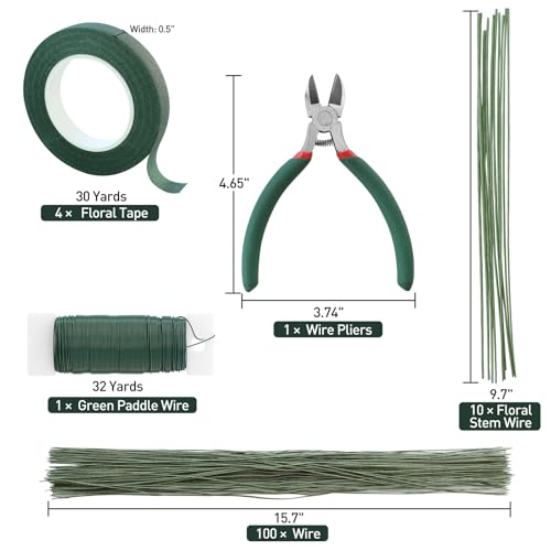 Floroom Floral Tape and Wire Kit with Cutter, 26 & 18 Gauge Stem Wire, 22 Gauge Paddle Wire, Flower Arrangement Tool Set for DIY Crafts, Bouquets, Florist Making & Supplies, Green